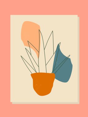 Soyut aloe yapraklı ve soyut şekilli çağdaş modaya uygun minimalist botanik sanat baskısı. Çizgi çalışması. Sanat galerisi için vektör tasarımı, duvar resimleri, tuval baskıları, minimal iç tasarım. Dünya tonu arkaplanı.