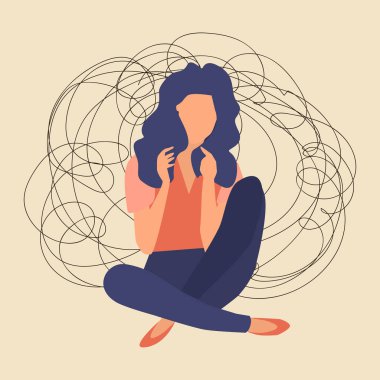 Depresyonda olan genç bir kadın, kafası karışık bir durumda, destek bir fırsattır ve arka planda karmaşık düşüncelerle dolu bir şanstır. Kafasında şaşkın düşüncelerle oturan üzgün genç bir kız. Düz vektör illüstrasyonu.