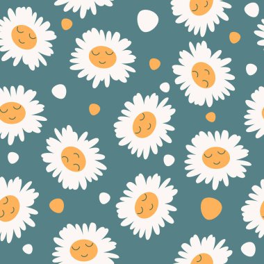 Mavi arka planda şirin yüzleri olan, papatya çayı desenli soyut çiçek deseni. Moda el yapımı kumaşlar. Meadow Çiçek Bitkisi. Çocuklar için vektör illüstrasyonu, kağıt, kapak, kumaş ve poster.