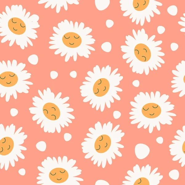 Çiçeksiz, soyut desenli, pembe arka planda şirin yüzlü papatya çayı. Moda el yapımı kumaşlar. Meadow Çiçek Bitkisi. Çocuklar için vektör illüstrasyonu, kağıt, kapak, kumaş ve poster.