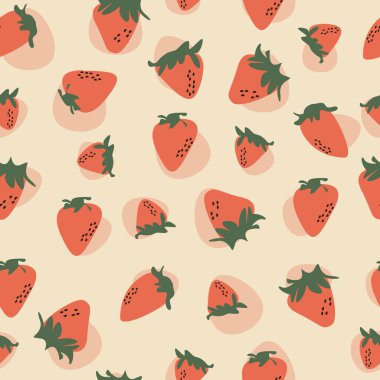 Tatlı çilekli, pürüzsüz bir desen. Moda el çizimi kırmızı böğürtlen. Ambalaj kağıdı, tekstil baskısı, kapak ve kumaş için renkli soyut tasarım vektör çizimi.