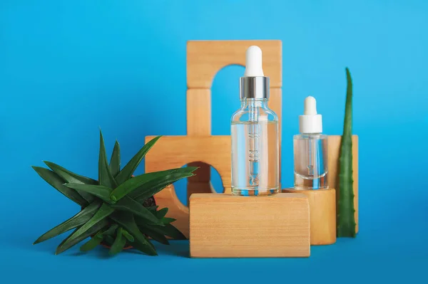 Serum with pipette on wooden block podium and aloe vera. Skincare cosmetics made from natural materials. Front view — Stock Photo, Image