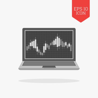 Laptop with candlesticks chart on screen icon. Stock market trad clipart