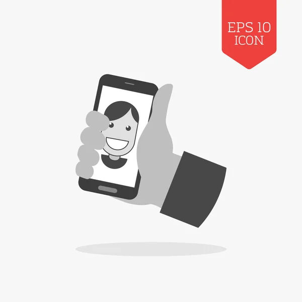 Mão segurando smartphone com foto ícone retrato, conceito selfei — Vetor de Stock