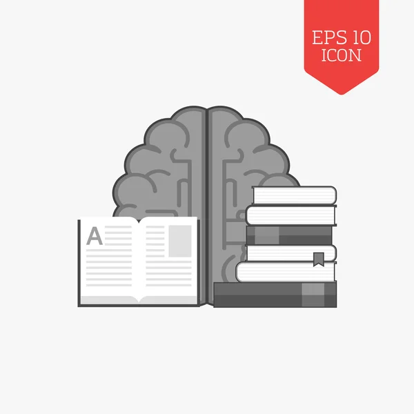 Livros e ícone do cérebro. Conceito de educação. Cor cinza de design plano —  Vetores de Stock
