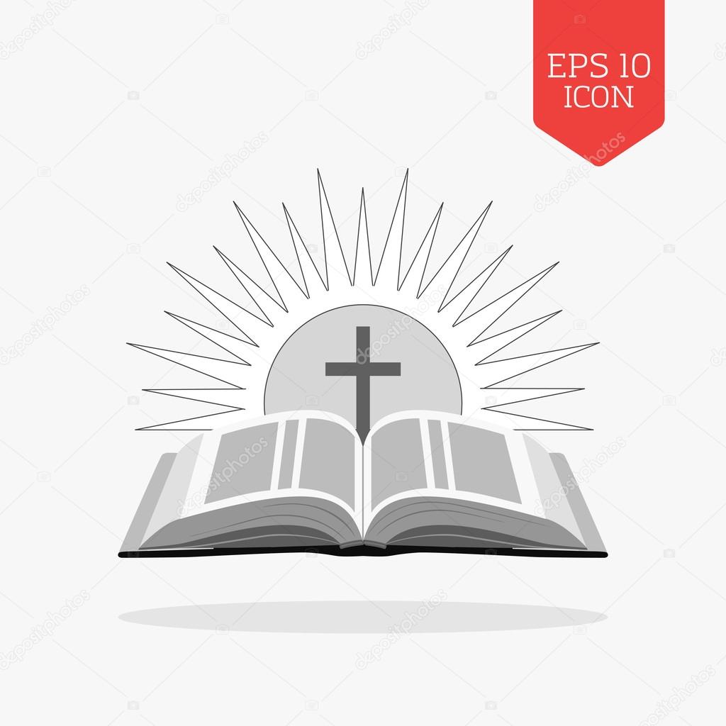 Open bible with sun and cross icon. Church logo concept. Flat design gray color symbol. Modern UI web navigation, sign. Illustration element