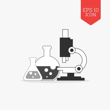 Şişeler ve mikroskop simgesi. Araştırma Laboratuarı kavramı. Düz tasarım gr