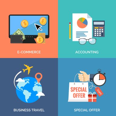 İş için düz tasarım kavramı simgeler kümesi. E-ticaret, Accou