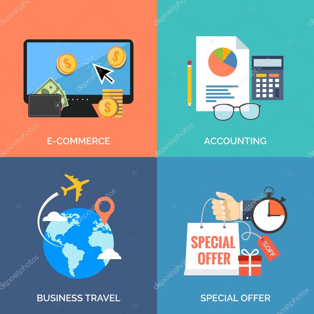 Set of flat design concept icons for business. E-commerce, Accounting, Business travel and Special offer. Vector Illustration.