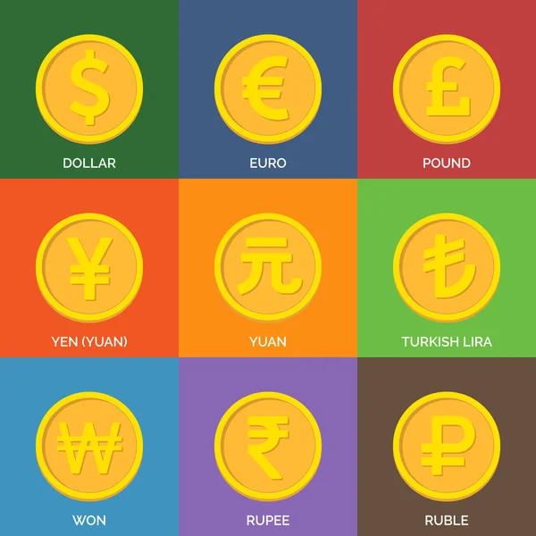 Monedas de oro planas. Iconos de divisas . — Vector de stock