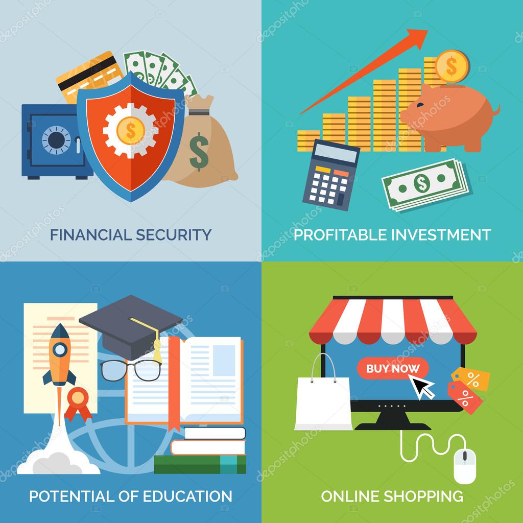 Set of flat design concept icons for business. Financial security, Profitable investment, Potential of education and Online shopping. Vector Illustration.