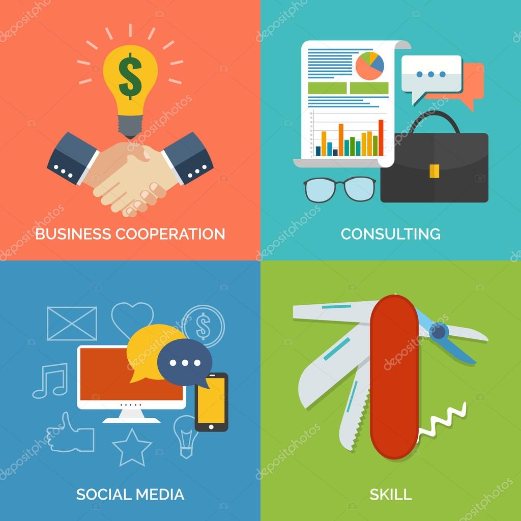 Set of flat design concept icons for business. Business cooperation, Consulting, Social media and Skill. Vector Illustration.