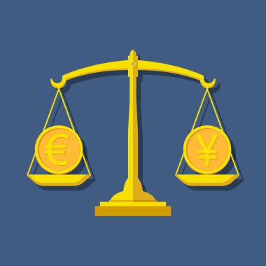 Euro ve Yen (Yuan) pullarla sembolleri. Döviz forex 