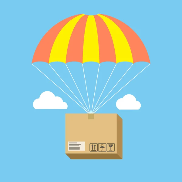 Package flying on parachute, delivery service concept. Flat desi — Stock Vector