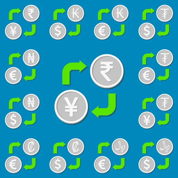 Cambio de divisas. Set 4. Euro, Dólar, Kip, Tugrik, Rupia, Yen — Vector de stock