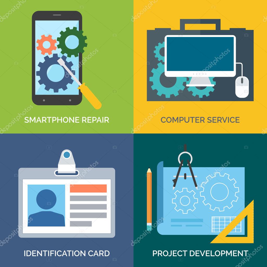 Set of flat design concept icons for business. Smartphone repair, Computer service, Identification card and Project development. Vector Illustration.