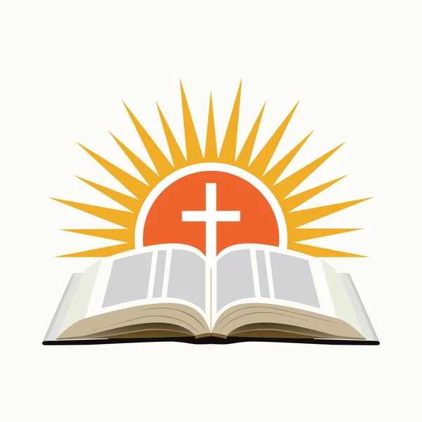 Bible, coucher de soleil et croix. Concept de logo de l'église. Isolé sur blanc — Image vectorielle