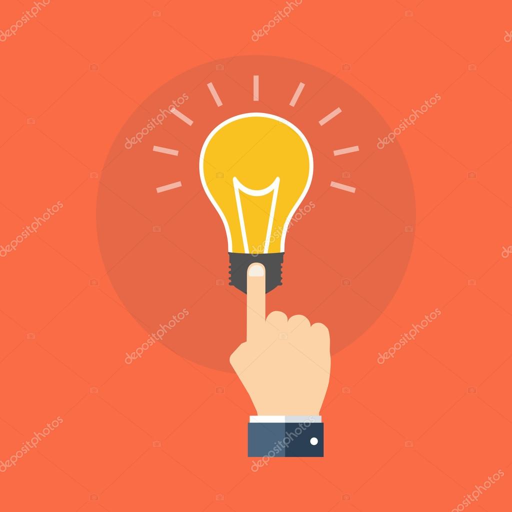 Hand touching light bulb. Know how concept. Flat design. Isolated on color background