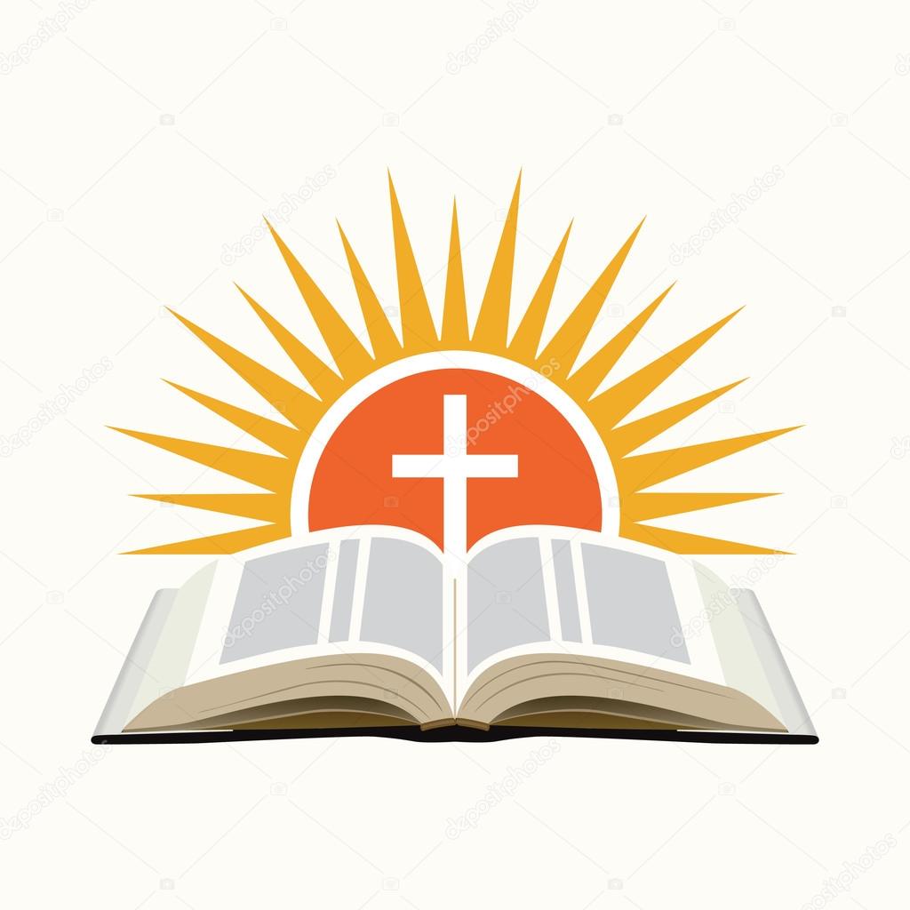 Bible, sunset and cross. Church logo concept. Isolated on white 