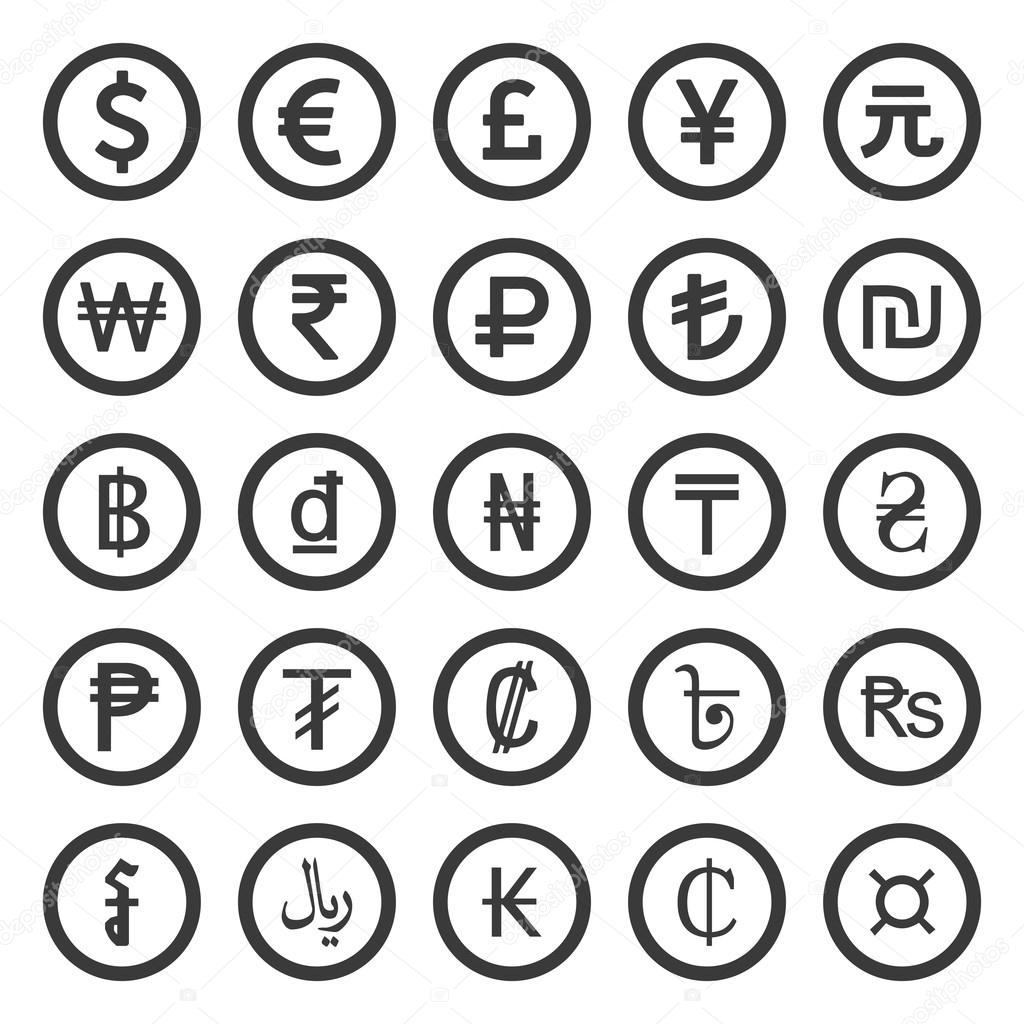 Currency Icons Set. Black over white background