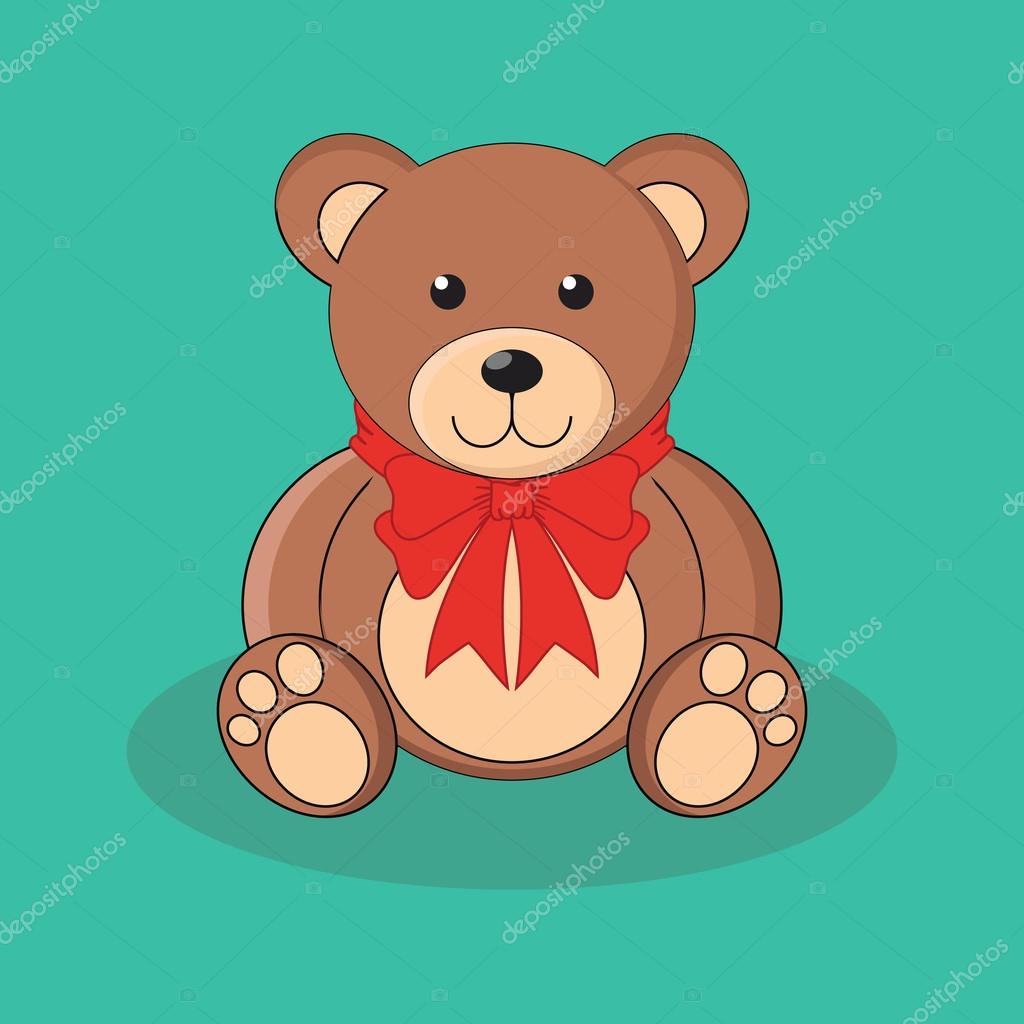 Cute brown teddy bear toy with red bow. Vector illustration