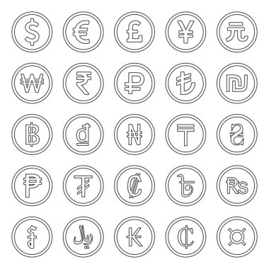 Currency Icons Set. Outlined black over white background clipart