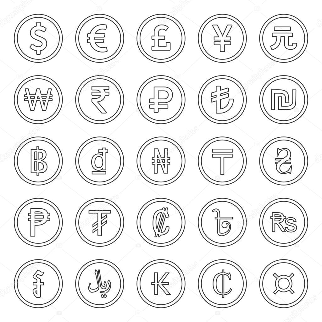 Currency Icons Set. Outlined black over white background