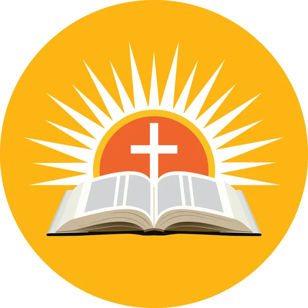 Bible, coucher de soleil et croix. Concept de logo de l'église . — Image vectorielle