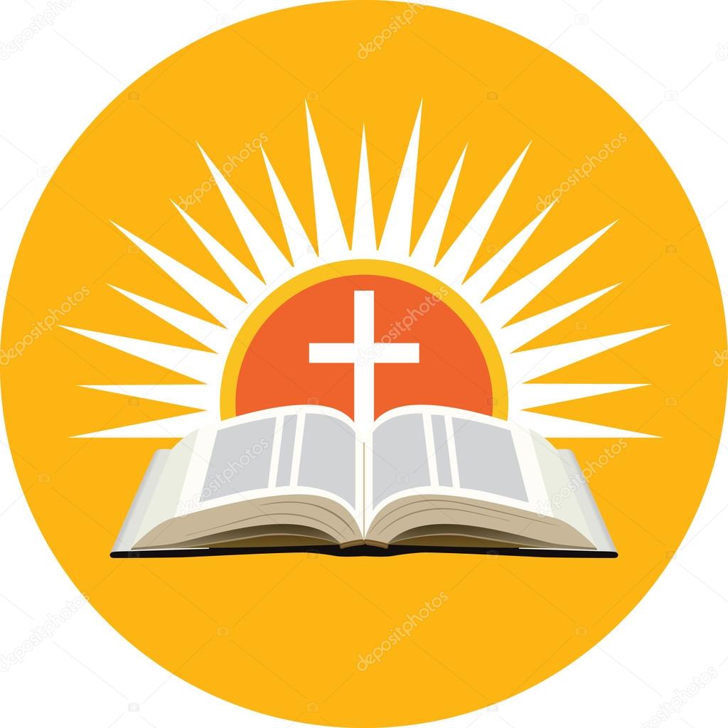 Bible, sunset and cross. Church logo concept. Icon in orange circle on white background