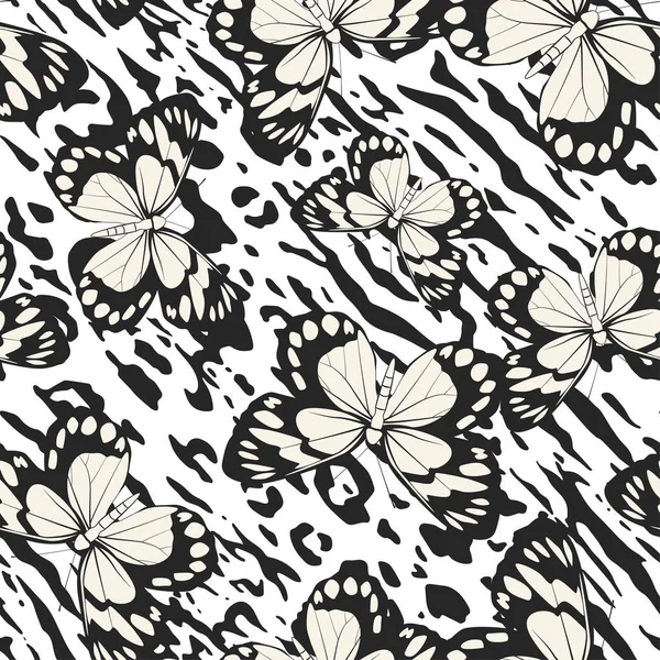   Seamless vector multicolor butterflies pattern. Butterfly on zebra leopard print. Trendy animal motif wallpaper. Fashionable background for fabric, textile, design, banner, cover.
