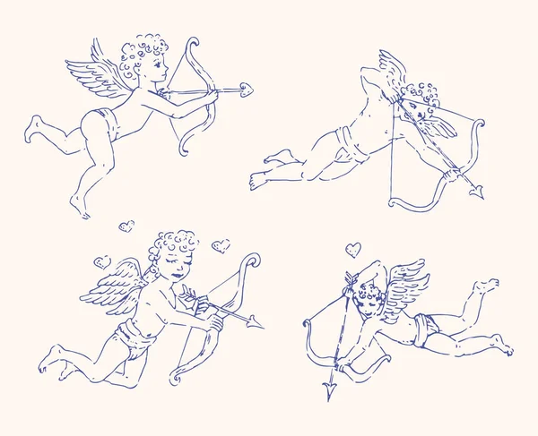 Conjunto Linha Fina Isolada Ilustrações Cupido Ícones Dia Dos Namorados — Vetor de Stock
