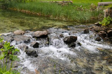 Trentino 'daki Nambino Gölü' ne giden yol üzerindeki nehir, İtalya 'daki seyahat ve manzaralar 