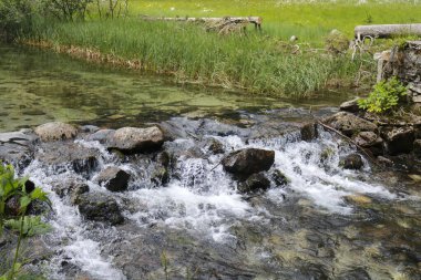 Trentino 'daki Nambino Gölü' ne giden yol üzerindeki nehir, İtalya 'daki seyahat ve manzaralar 