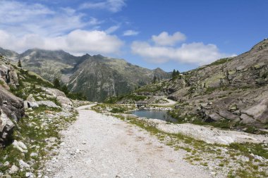 Trentino 'daki Val Nambrone' daki Cornisello göllerine, İtalya 'daki seyahat ve manzaralara uzanan nehir ve güzel panoramik manzara.