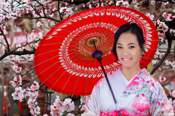 Jovem mulher japonesa em um jardim japonês no outono — Fotografia de Stock