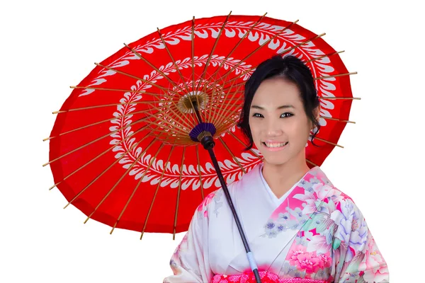 Mladá Japonka s červeným deštníkem, samostatný — Stock fotografie