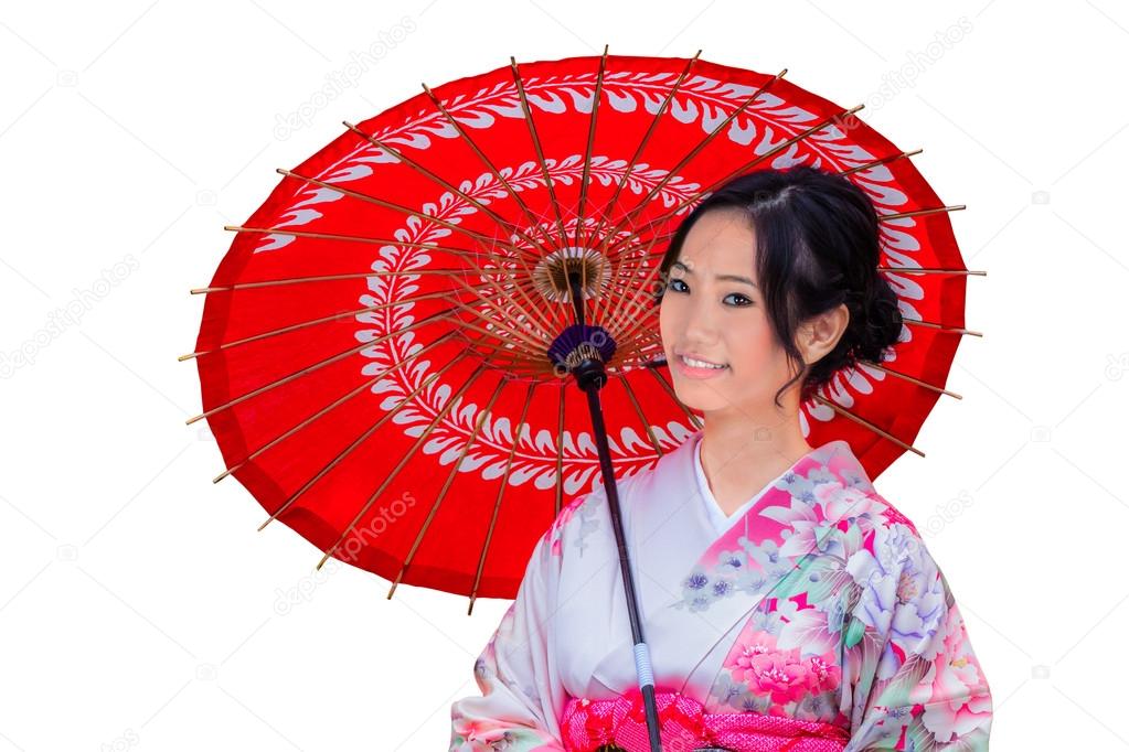 Isolated Young Japanese Woman with a Red Umbrella