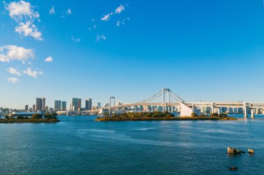 Yüksek yükselir ve cityscape ile Gökkuşağı Köprüsü: Tokyo, Japan         
