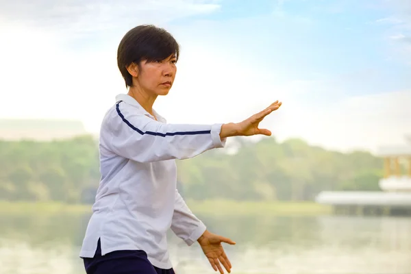 Group of people practice Chinese sword with Tai Chi Chuan in a park — Stock Photo, Image