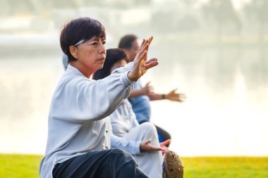  bir grup insan pratik Tai Chi Chuan bir parkta