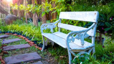 Bitkiler ve ağaçlarla çevrili güzel bir bahçe manzarası