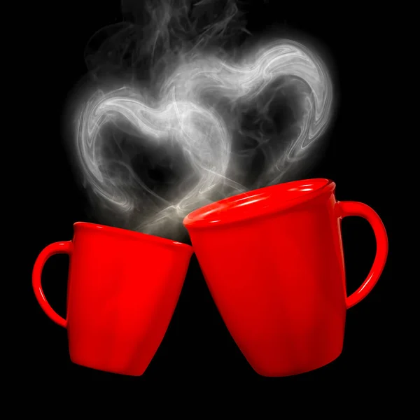 Representación Tazas Café Encantadoras Aisladas Con Humo Forma Corazón Negro — Foto de Stock