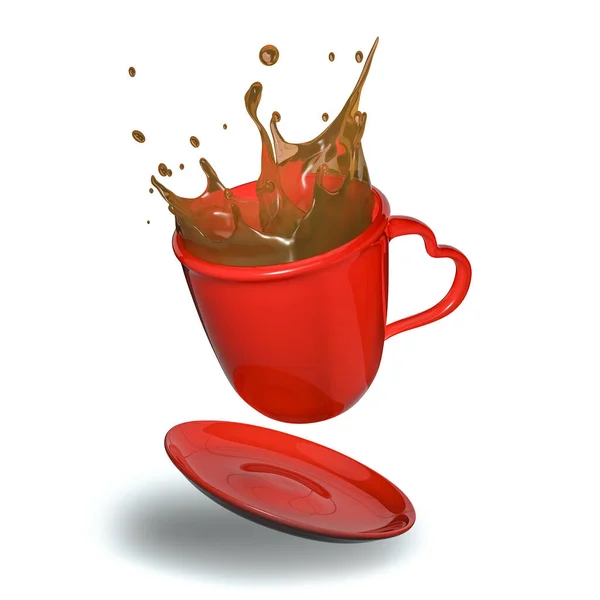 Zole Edilmiş Sıcak Kahvenin Boyutlu Yorumlanması Kırmızı Kupa Dan Dökülüyor — Stok fotoğraf
