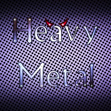 Arkaplanda Çelik bal peteği ızgarası olan 3 boyutlu Heavy Metal Tipografisi