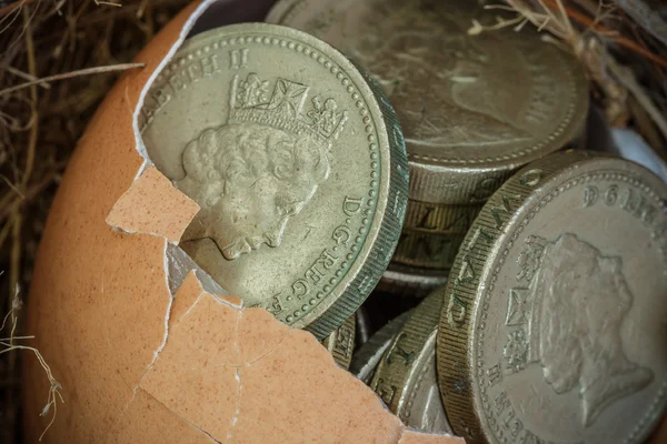 Brittiska pund mynt med fågelbo och trasiga ägg — Stockfoto