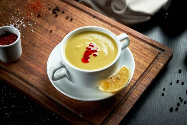 Oriental Dish Yellow Lentil Cream Soup White Dark Background Piala — Stock Photo, Image
