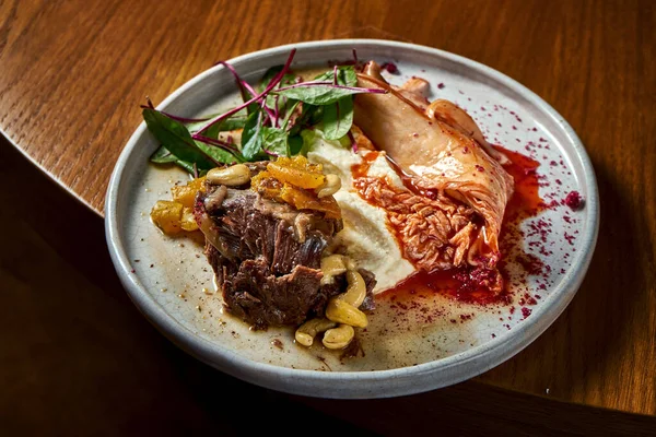 Stewed Beef Steak Dried Fruits Nuts Garnished Celery Puree Kimchi — Stock Photo, Image