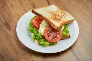 Lezzetli aperatif - mozarella, domates ve soslu tost sandviçi ahşap arka planda beyaz bir tabakta