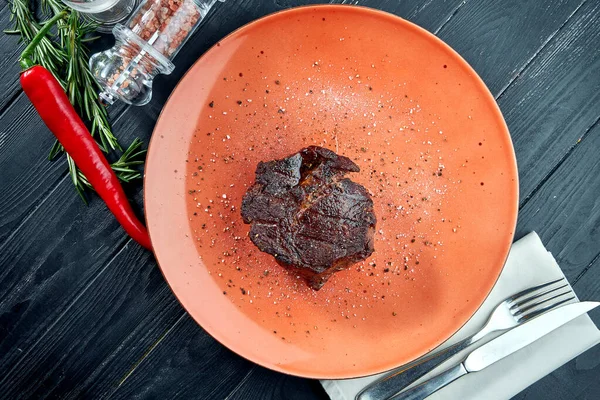 Appetizing Grilled Aged Ribeye Beef Steak Served Plate Wooden Black — Stock Photo, Image