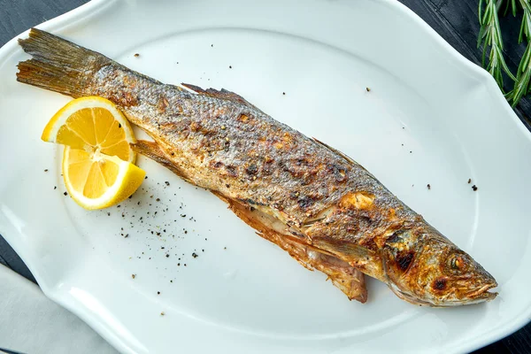 Whole Grilled Trout Charcoal Fire Served White Plate Lemon Dark — Stock Photo, Image